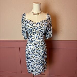all in favor fairy floral cottage runched puff sleeve dress sz large blue white
